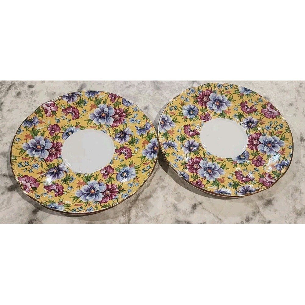 Crown Queen Saucer Set Of 2 Fine Bone China Made In England‎ Yellow Floral